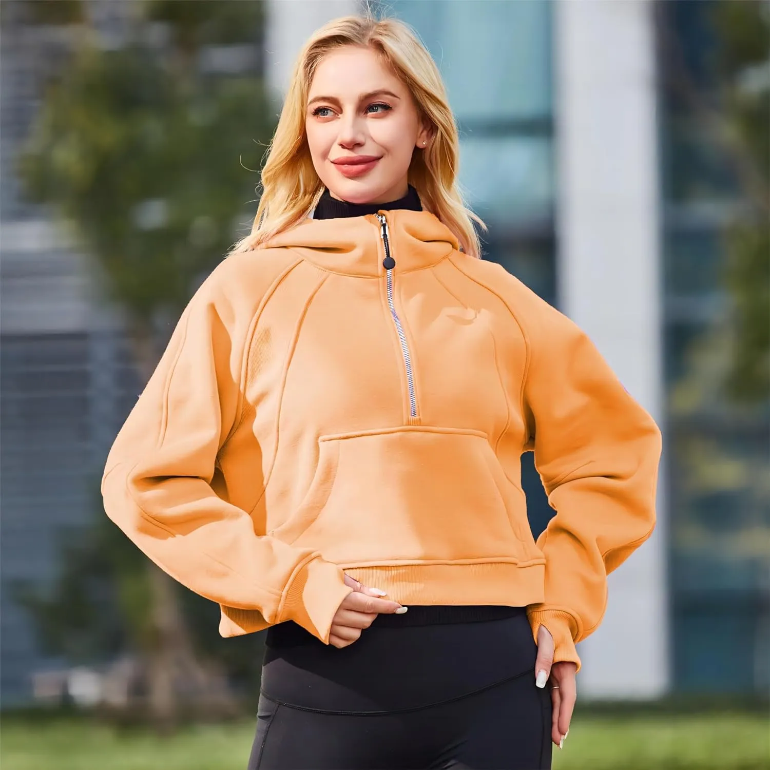 Workout Hoodies for Women Half Zip Fleece Lined Pullover Long Sleeve Crop Tops Sweater Thumb Hole