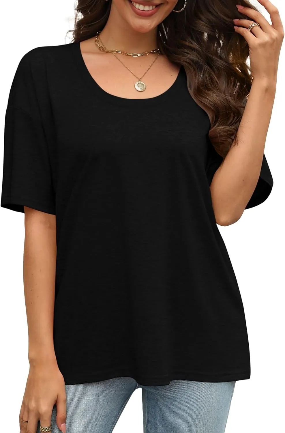 XIEERDUO Oversized T Shirts for Women Summer Short Sleeve Tops Loose Scook Neck