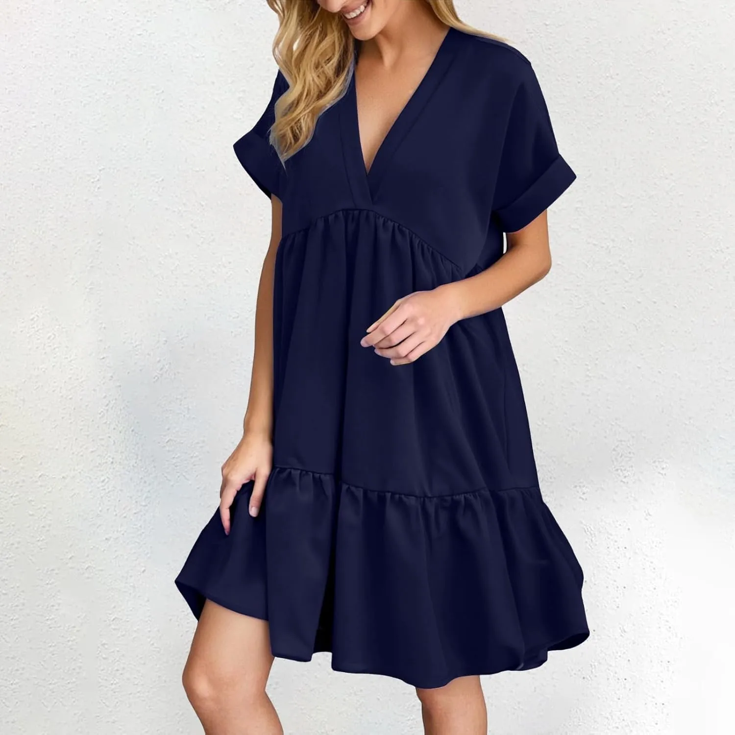 XOWRTE Womens Summer Dress V Neck Short Sleeve Ruffle Hem Tiered Flowy Swing Midi Dresses 2025 Trendy Smock Beach Sundress