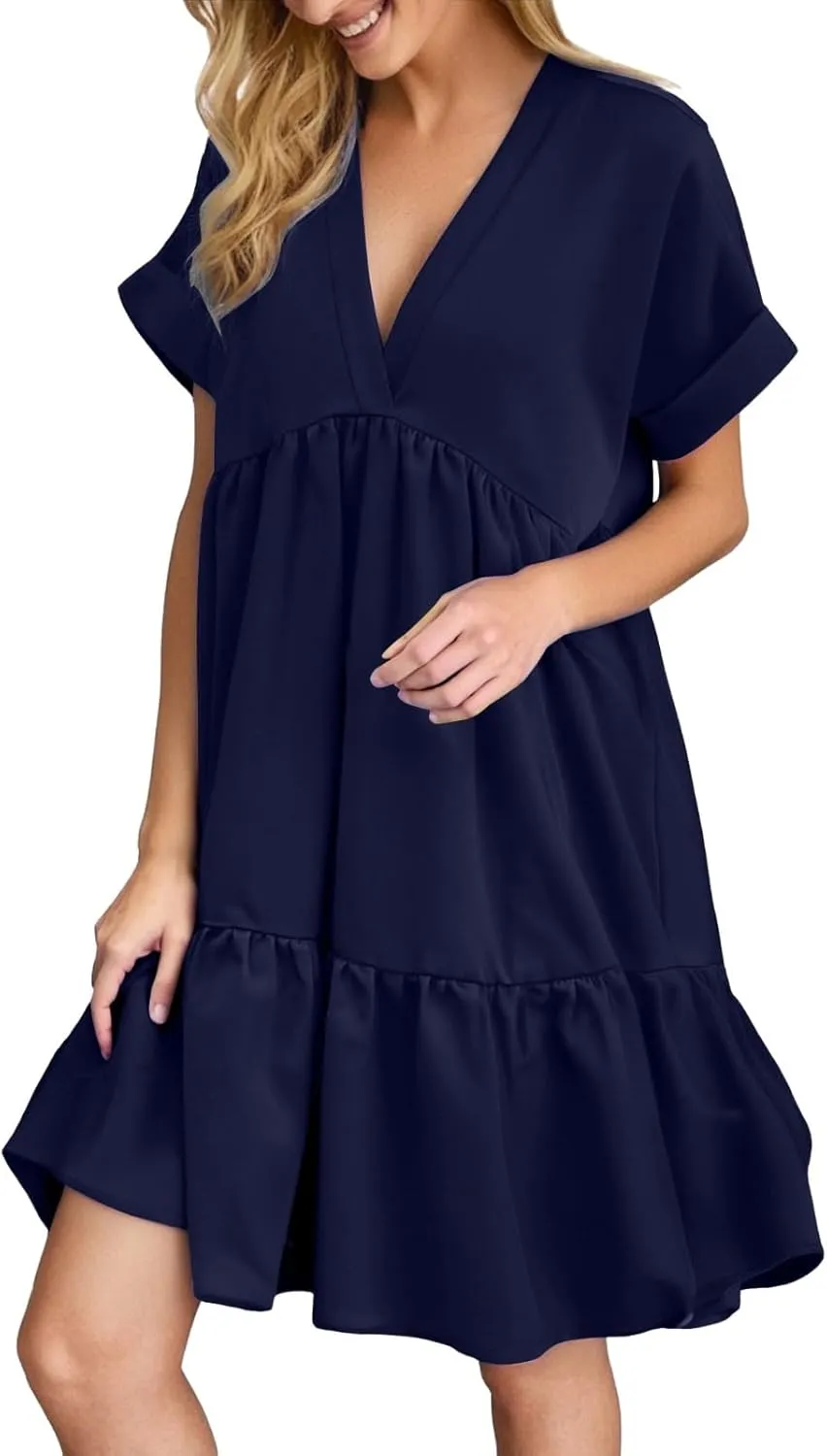 XOWRTE Womens Summer Dress V Neck Short Sleeve Ruffle Hem Tiered Flowy Swing Midi Dresses 2025 Trendy Smock Beach Sundress