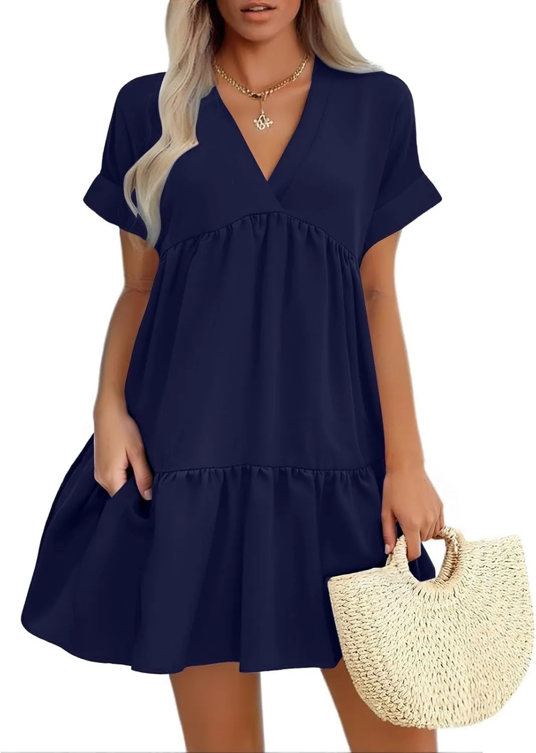 XOWRTE Womens Summer Dress V Neck Short Sleeve Ruffle Hem Tiered Flowy Swing Midi Dresses 2025 Trendy Smock Beach Sundress