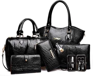 YAQUNICER Women PU Leather 6pcs Set Handbag Tote Shoulder Bags Top-handle Satchel Purses Cltuch
