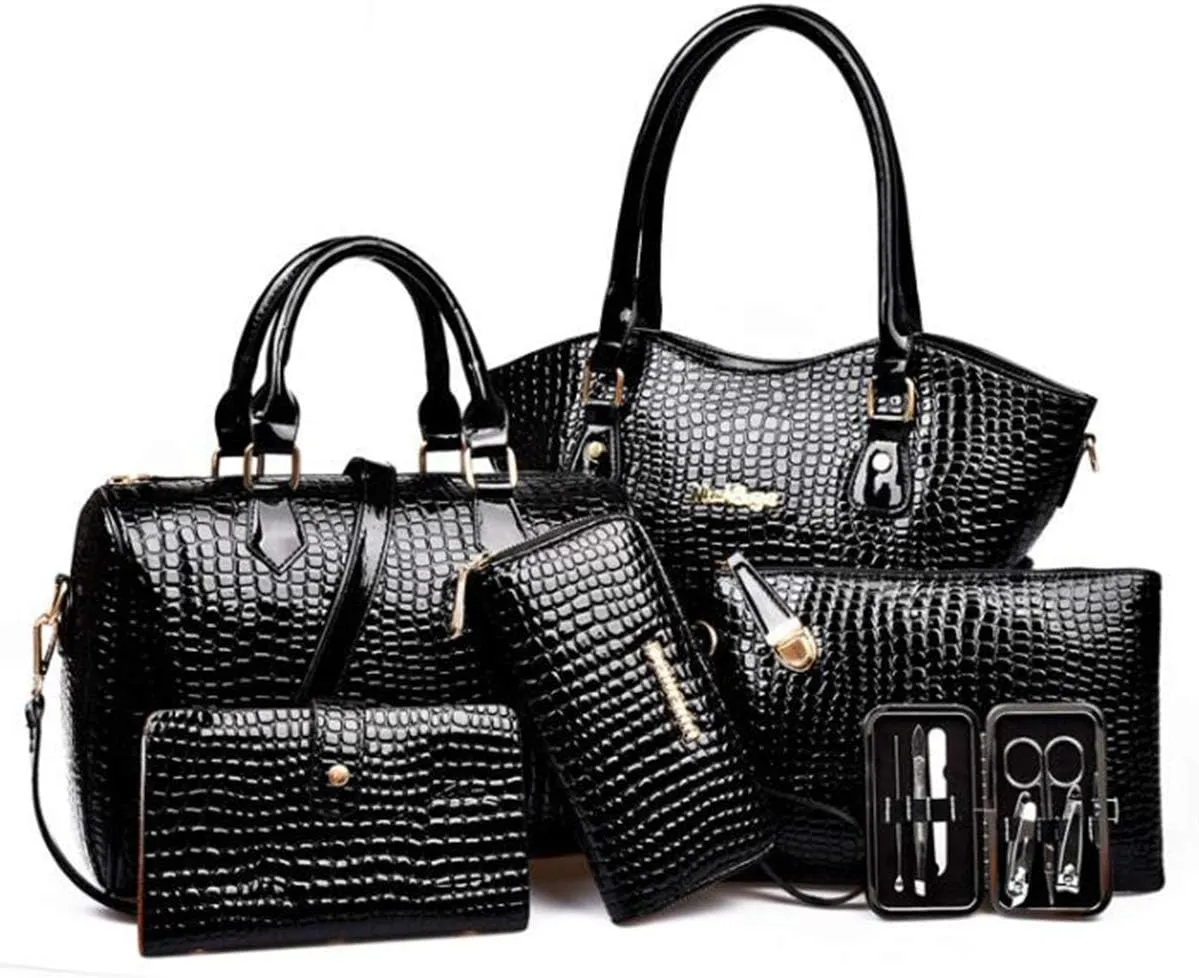 YAQUNICER Women PU Leather 6pcs Set Handbag Tote Shoulder Bags Top-handle Satchel Purses Cltuch