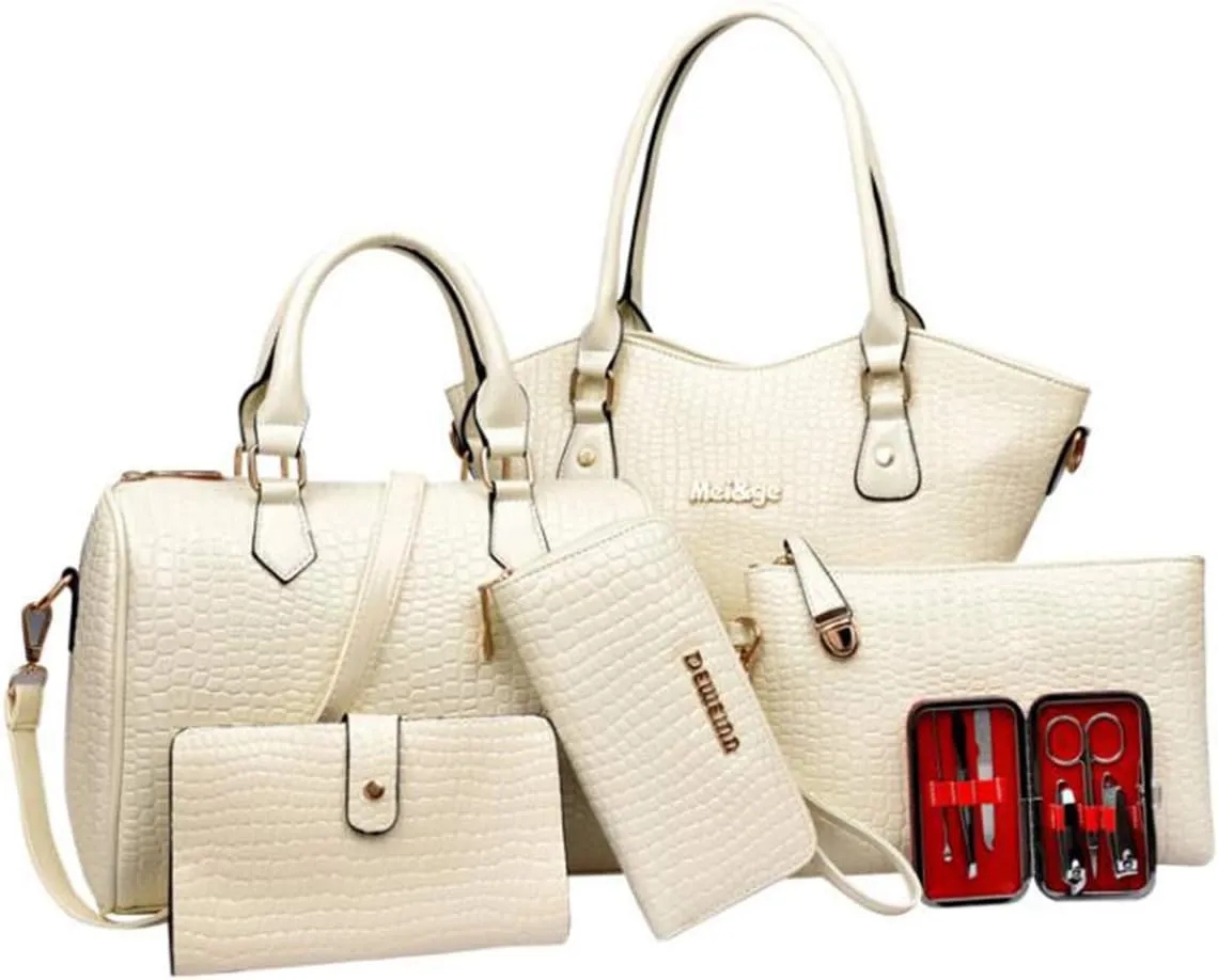 YAQUNICER Women PU Leather 6pcs Set Handbag Tote Shoulder Bags Top-handle Satchel Purses Cltuch