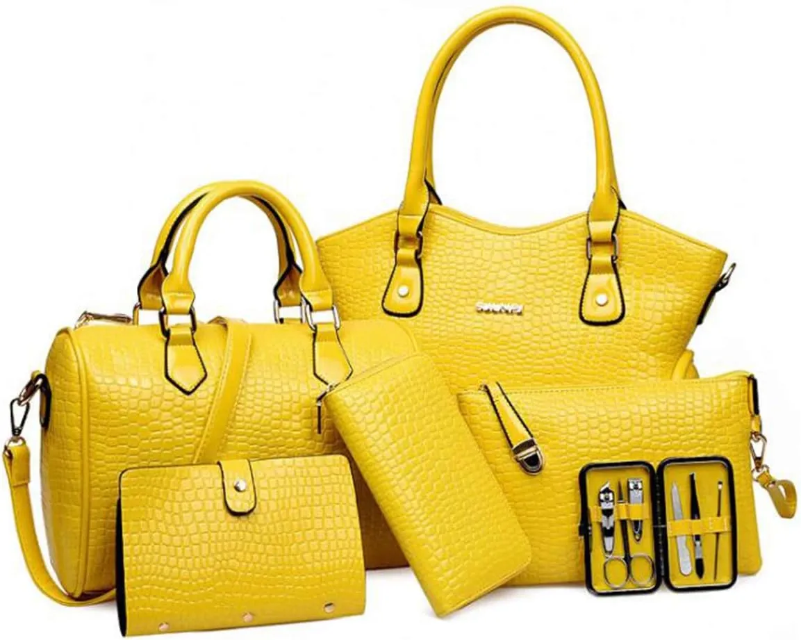 YAQUNICER Women PU Leather 6pcs Set Handbag Tote Shoulder Bags Top-handle Satchel Purses Cltuch