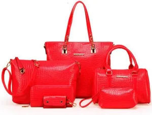YAQUNICER Women PU Leather Handbags Tote Shoulder Bags Top Satchel Purses 6pcs Handbag with Matching Wristlet Purse Set-Red
