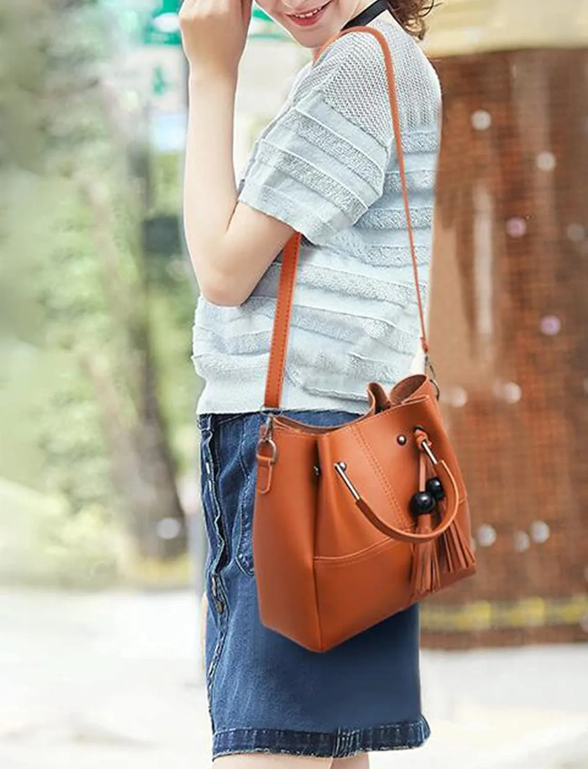 YAQUNICER Women Soft Synthetic PU Leather Tassel Satchel Crossbody Hobo 3pcs Handbags Shoulder Large Capacity Clutches