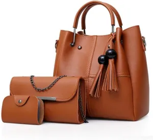 YAQUNICER Women Soft Synthetic PU Leather Tassel Satchel Crossbody Hobo 3pcs Handbags Shoulder Large Capacity Clutches