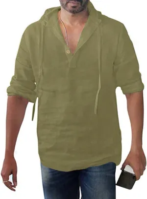 Ymosrh Long Sleeve Shirts Men's Baggy Cotton Linen Solid Button Plus Size Hooded Shirts Tops T-Shirts for Men
