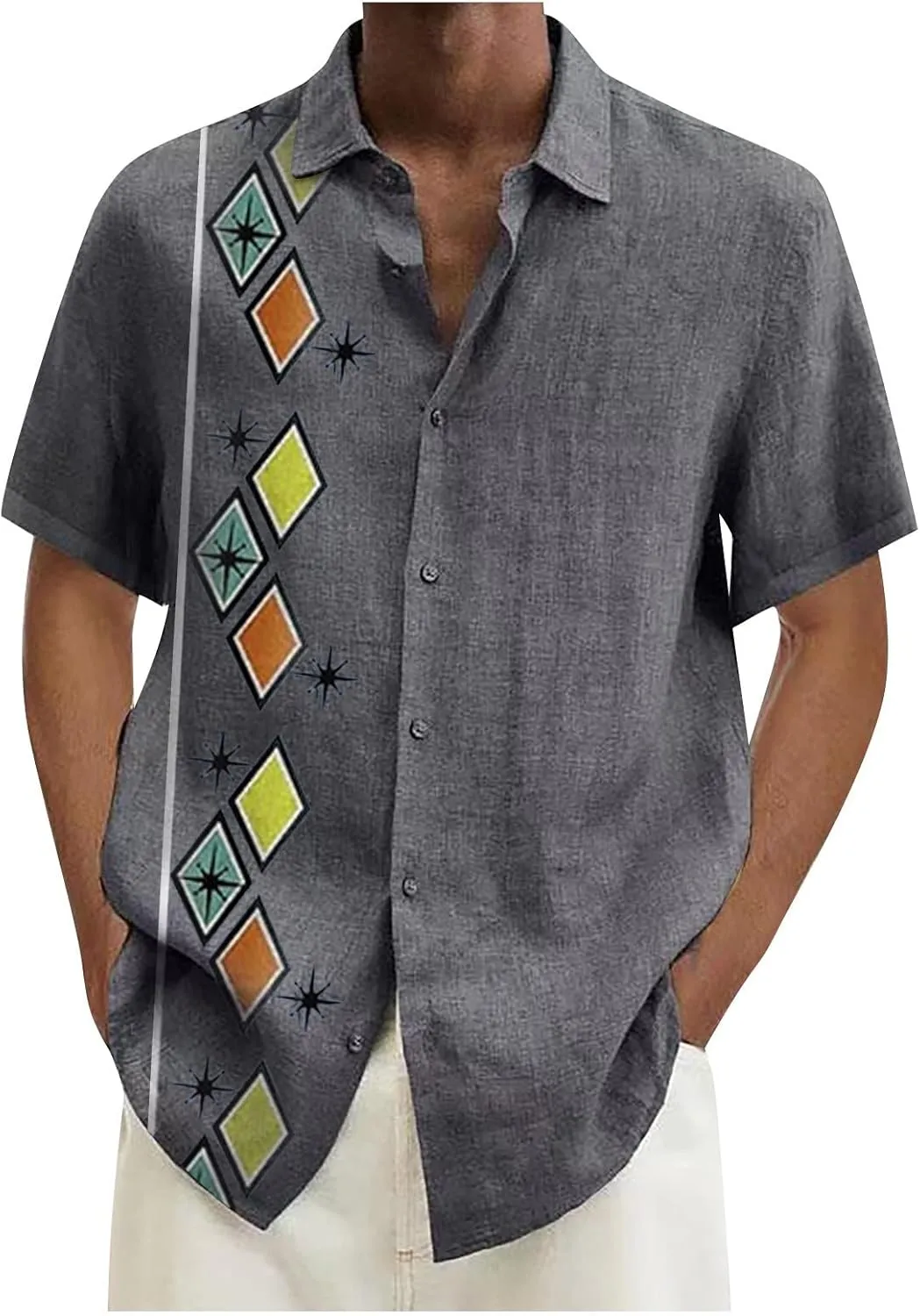 Ymosrh Men's Casual Button-Down Shirts Casual Cotton Linen Solid Color Short Sleeve Shirts Loose Casual Shirts, M-4XL