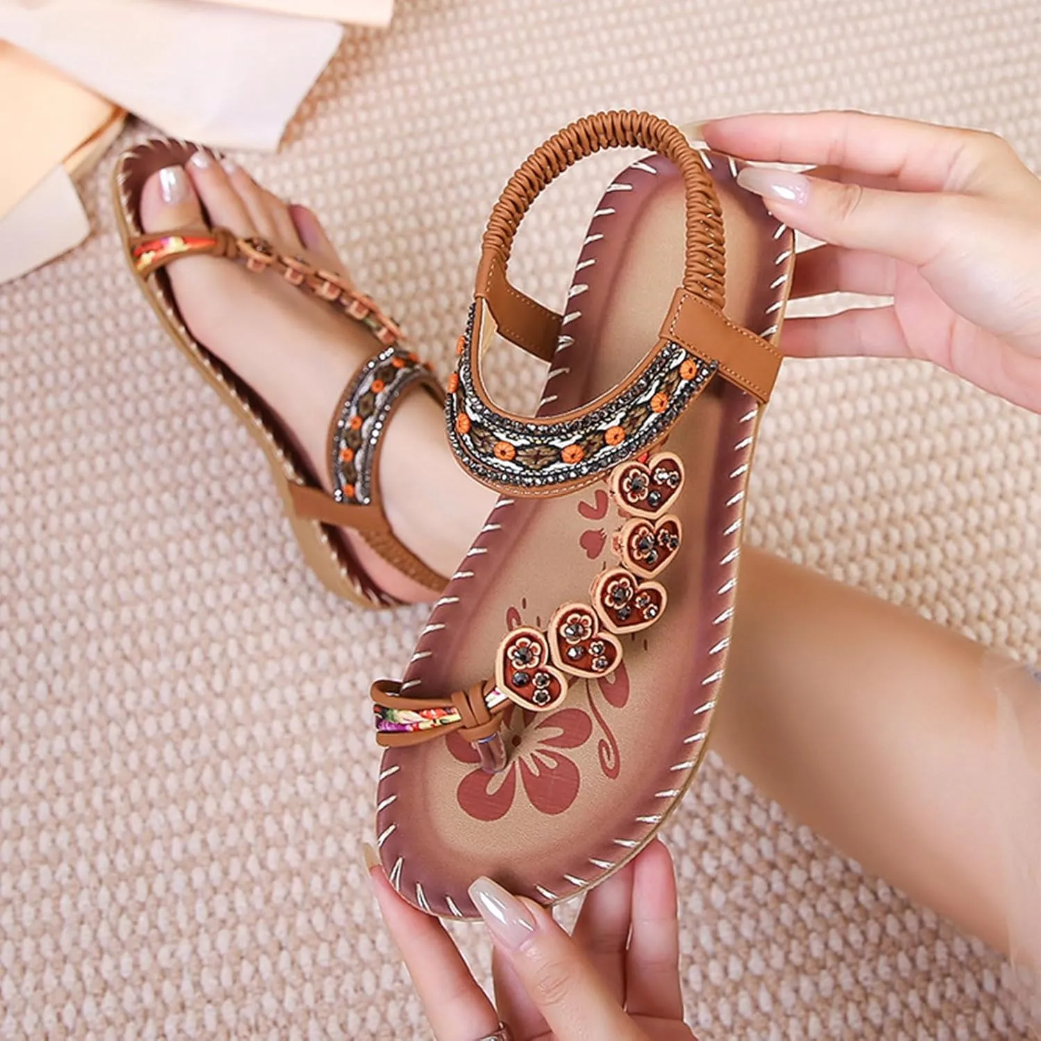 Yytcsjz Women's Orthopedic Open Toe Leather Sandal, Comfortable Bohemian Beaded Dressy Summer Flat Casual Ankle Strap Elastic Slip On Beach Sandal, With Arch Support