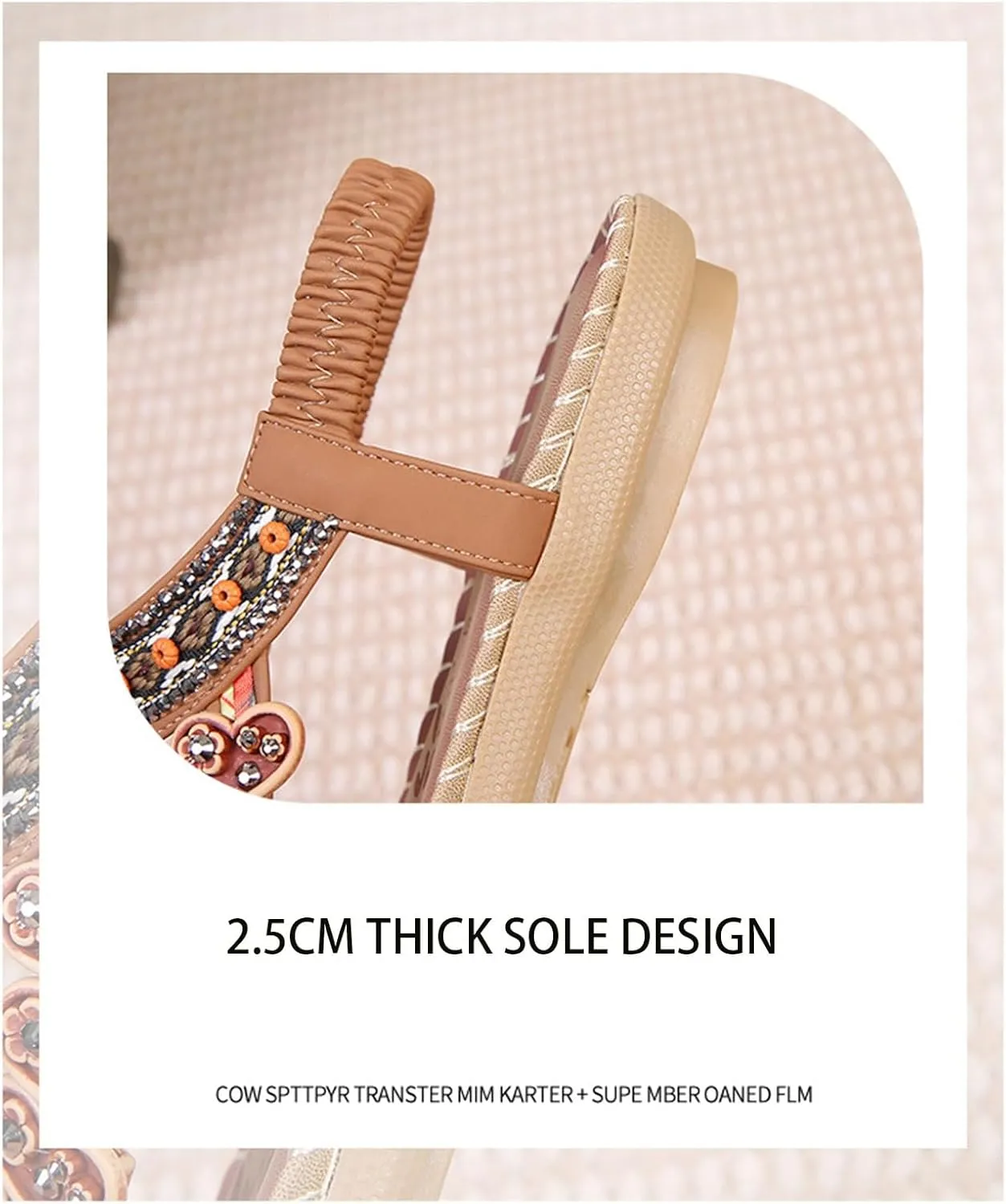 Yytcsjz Women's Orthopedic Open Toe Leather Sandal, Comfortable Bohemian Beaded Dressy Summer Flat Casual Ankle Strap Elastic Slip On Beach Sandal, With Arch Support