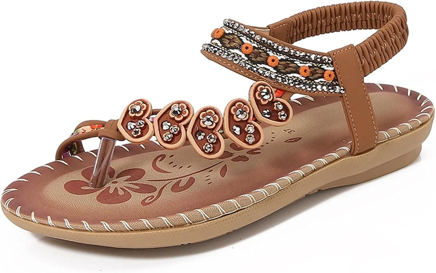 Yytcsjz Women's Orthopedic Open Toe Leather Sandal, Comfortable Bohemian Beaded Dressy Summer Flat Casual Ankle Strap Elastic Slip On Beach Sandal, With Arch Support