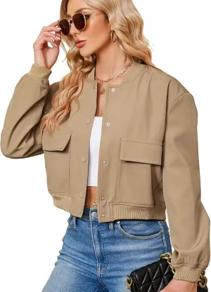 Zando Womens Bomber Jacket Button Down Short Cropped Jackets Long Sleeve Baseball Varsity Jacket Casual Jackets with Pockets