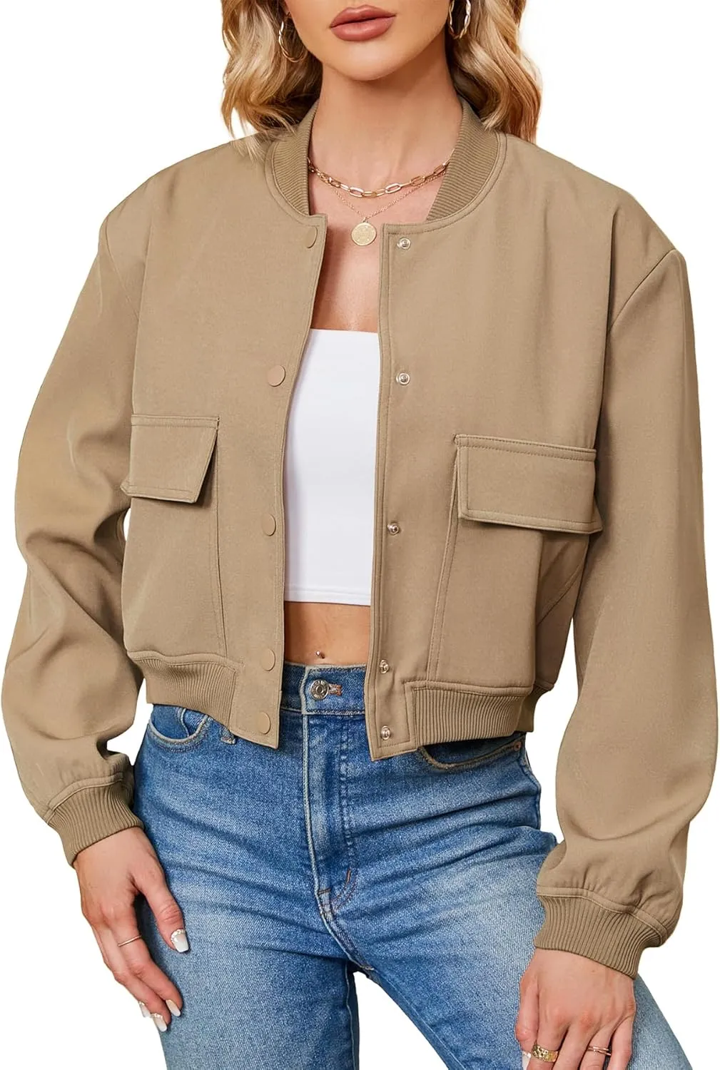 Zando Womens Bomber Jacket Button Down Short Cropped Jackets Long Sleeve Baseball Varsity Jacket Casual Jackets with Pockets