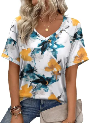 Zeagoo Plus Size Tops for Women Spring Floral Short Sleeve V Neck Loose Fit Blouses Boho Shirts Khaki XXL