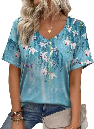 Zeagoo Womens Summer Tops Short Sleeve Casual Shirts Floral Tee Trendy 2025 Basics V Neck Plain Tshirt