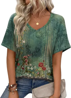 Zeagoo Womens Summer Tops Short Sleeve Casual Shirts Floral Tee Trendy 2025 Basics V Neck Plain Tshirt