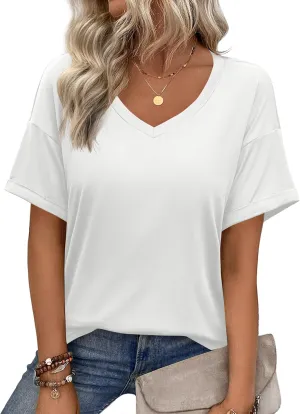 Zeagoo Womens Summer Tops Short Sleeve Casual Shirts Floral Tee Trendy 2025 Basics V Neck Plain Tshirt