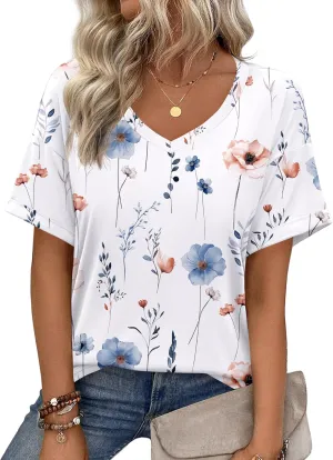 Zeagoo Womens Summer Tops Short Sleeve Casual Shirts Floral Tee Trendy 2025 Basics V Neck Plain Tshirt