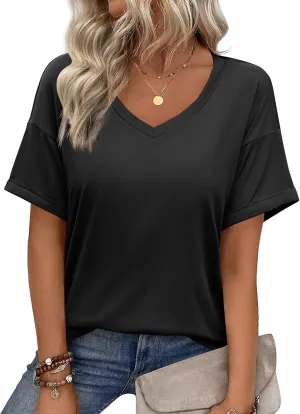 Zeagoo Womens Summer Tops Short Sleeve Casual Shirts Floral Tee Trendy 2025 Basics V Neck Plain Tshirt