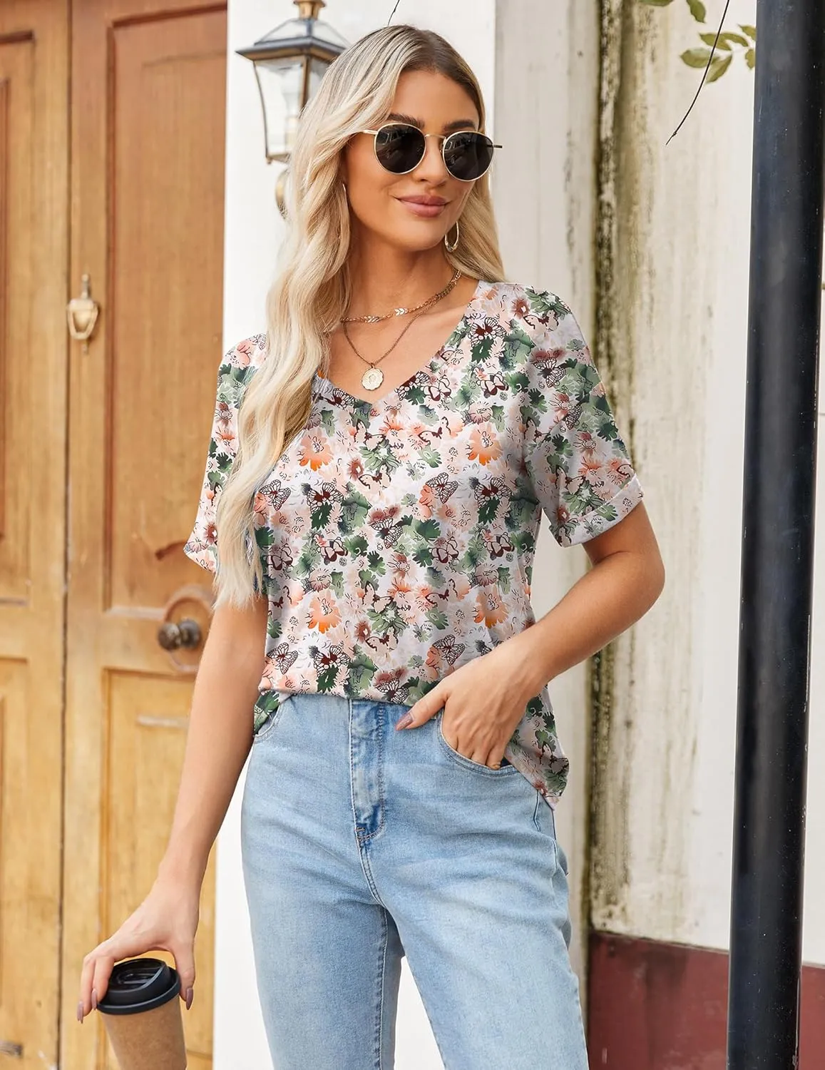 Zeagoo Womens Summer Tops Short Sleeve Casual Shirts Floral Tee Trendy 2025 Basics V Neck Plain Tshirt