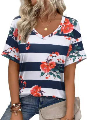 Zeagoo Womens Summer Tops Short Sleeve Casual Shirts Floral Tee Trendy 2025 Basics V Neck Plain Tshirt