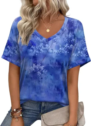 Zeagoo Womens Summer Tops Short Sleeve Casual Shirts Floral Tee Trendy 2025 Basics V Neck Plain Tshirt