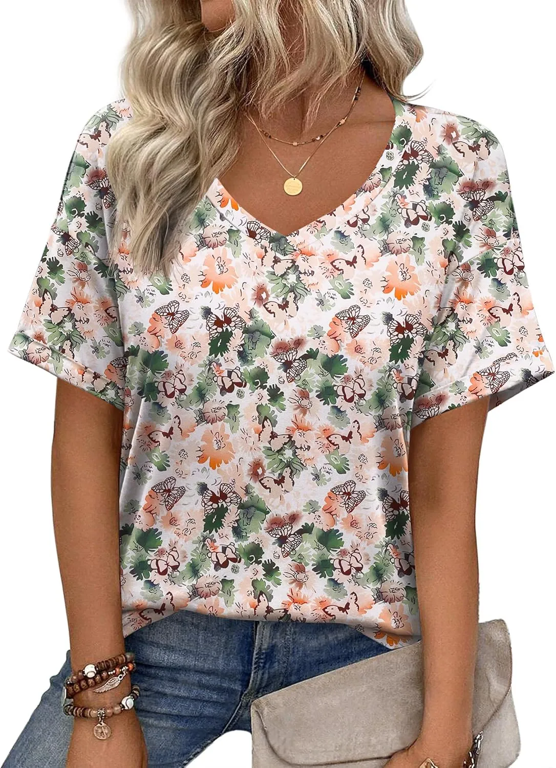 Zeagoo Womens Summer Tops Short Sleeve Casual Shirts Floral Tee Trendy 2025 Basics V Neck Plain Tshirt