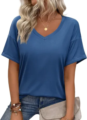 Zeagoo Womens Summer Tops Short Sleeve Casual Shirts Floral Tee Trendy 2025 Basics V Neck Plain Tshirt