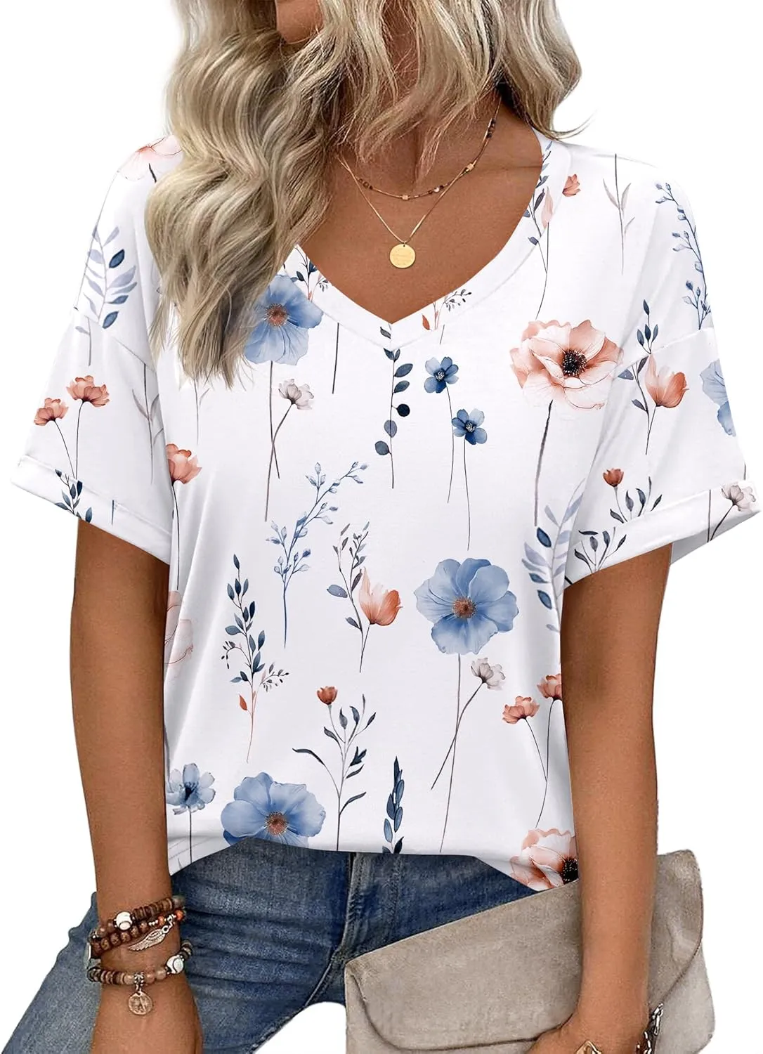 Zeagoo Womens Summer Tops Short Sleeve Casual Shirts Floral Tee Trendy 2025 Basics V Neck Plain Tshirt