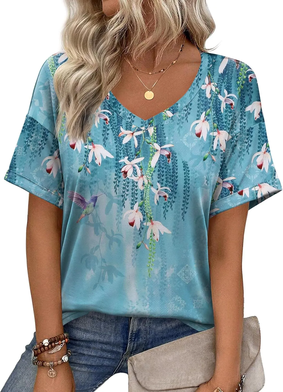 Zeagoo Womens Summer Tops Short Sleeve Casual Shirts Floral Tee Trendy 2025 Basics V Neck Plain Tshirt