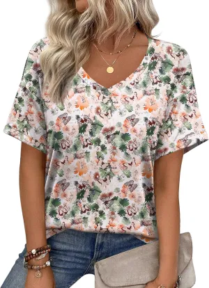 Zeagoo Womens Summer Tops Short Sleeve Casual Shirts Floral Tee Trendy 2025 Basics V Neck Plain Tshirt