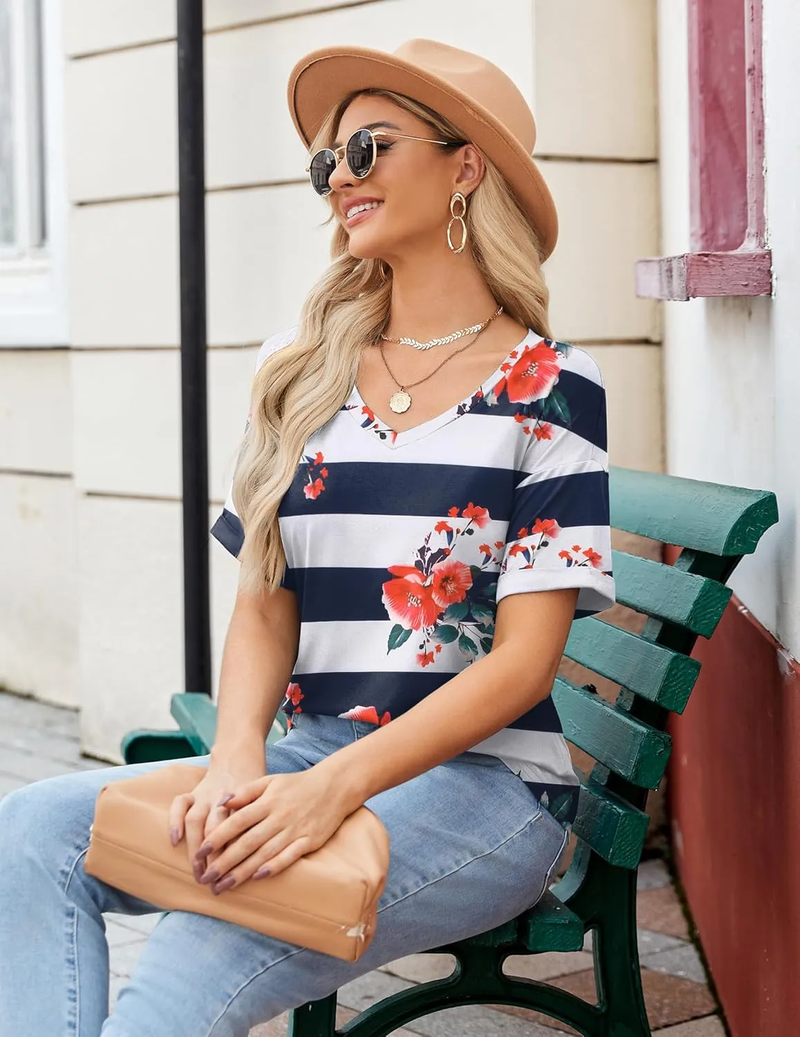 Zeagoo Womens Summer Tops Short Sleeve Casual Shirts Floral Tee Trendy 2025 Basics V Neck Plain Tshirt