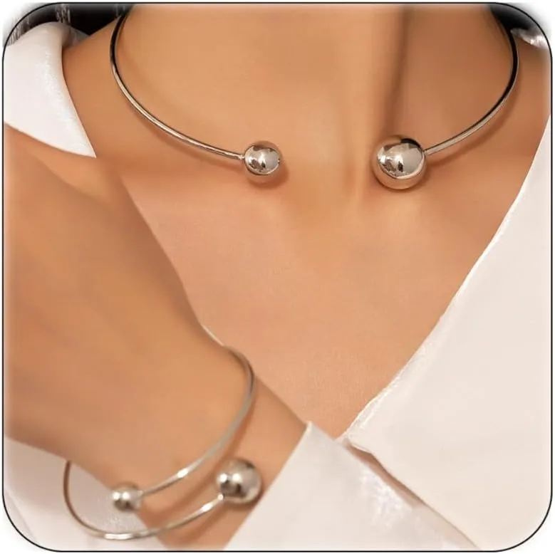 ZMANYIJEW Gold/Silver Cuff Adjustable Open Bracelets Necklace Set for Women Fashion Simple Open Bangles Necklace Trendy Jewelry Set for Mom Wife Sister