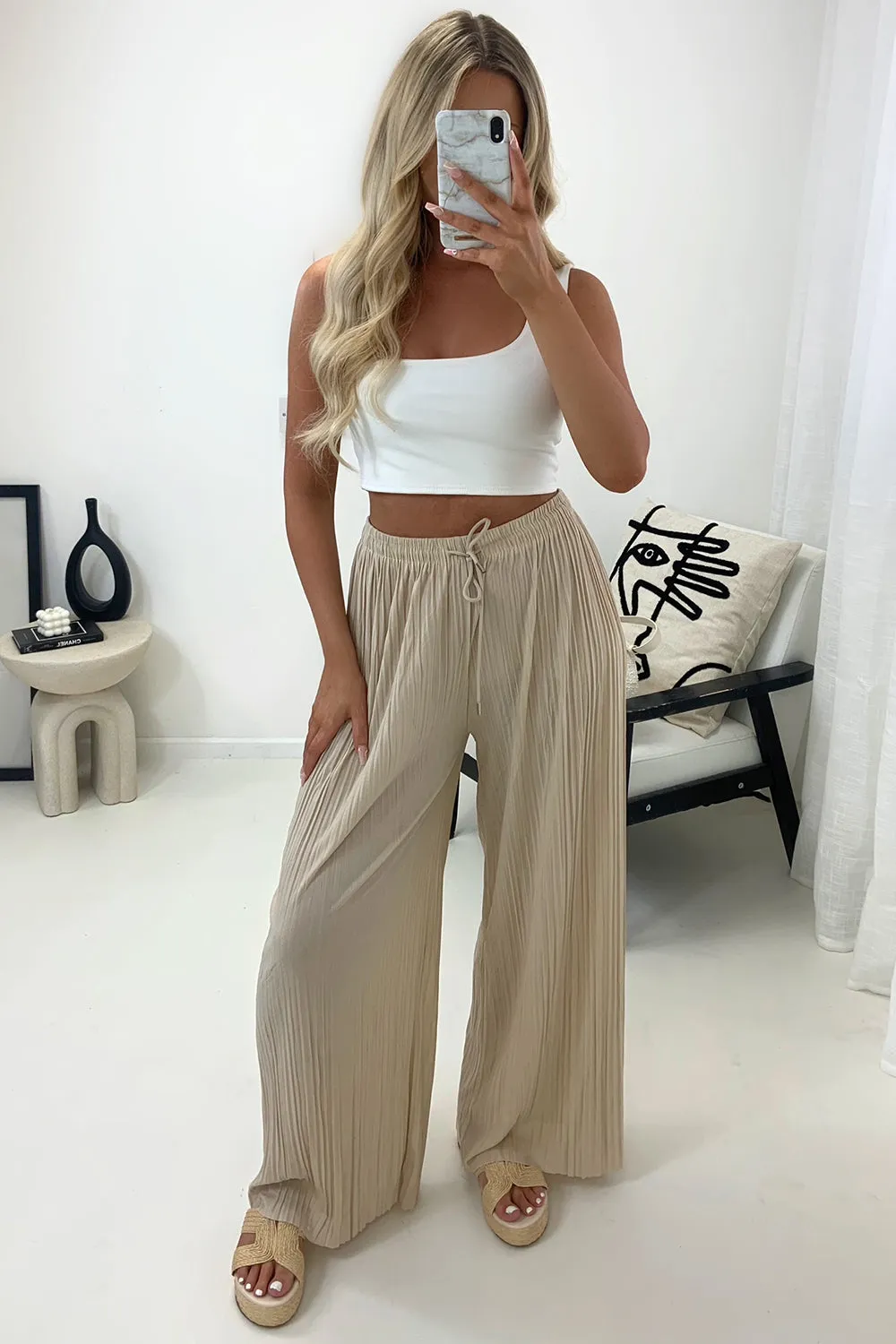 Zoelle Beige Pleated Plisse High Waisted Wide Leg Trousers