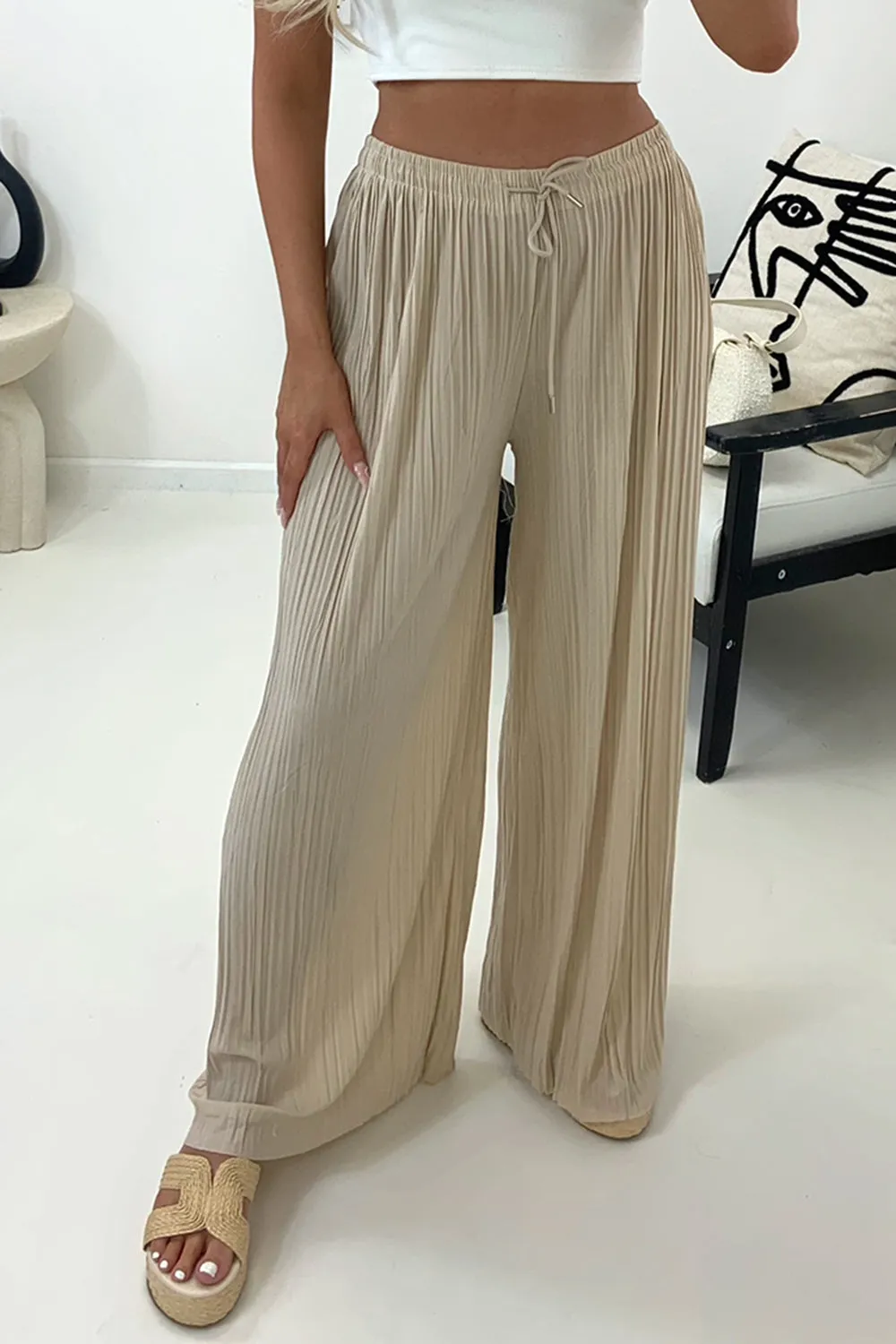 Zoelle Beige Pleated Plisse High Waisted Wide Leg Trousers