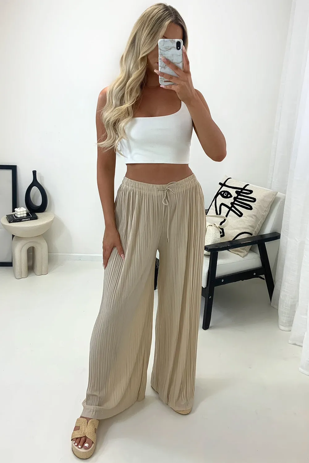 Zoelle Beige Pleated Plisse High Waisted Wide Leg Trousers