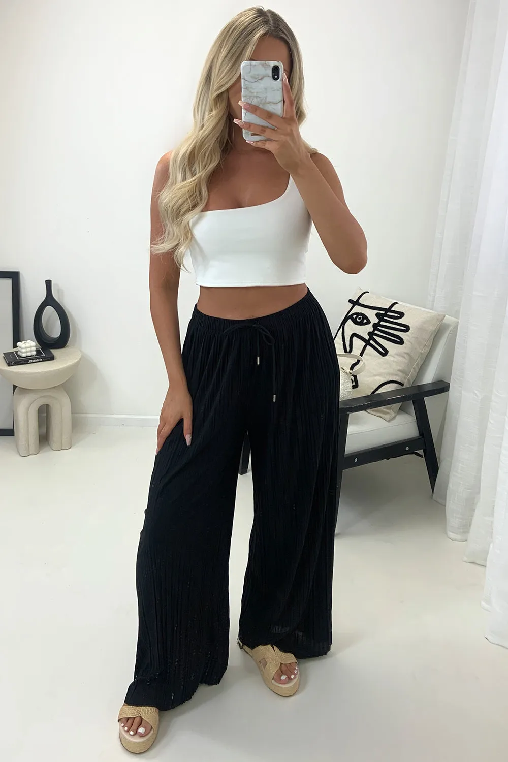 Zoelle Black Pleated Plisse High Waisted Wide Leg Trousers
