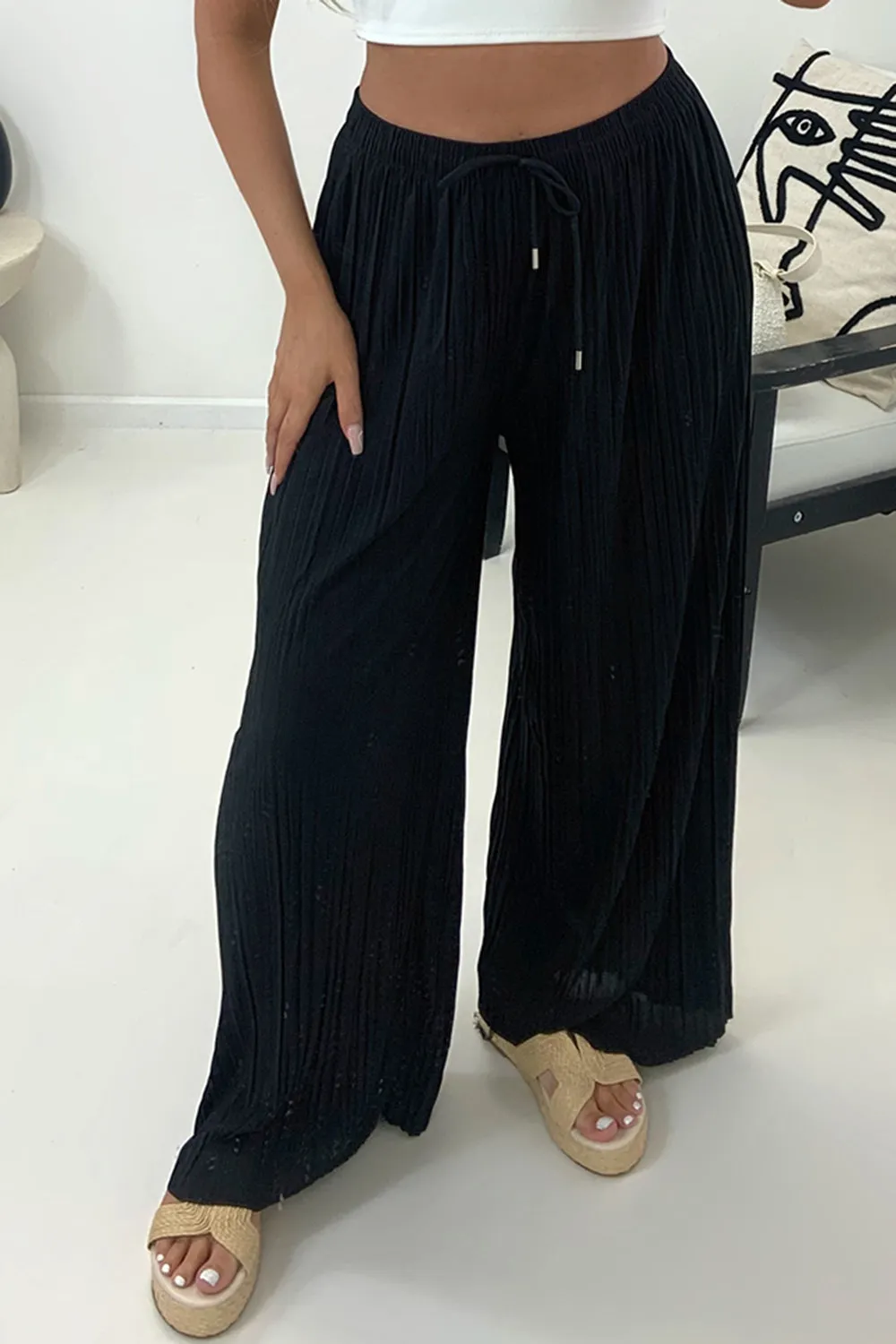Zoelle Black Pleated Plisse High Waisted Wide Leg Trousers