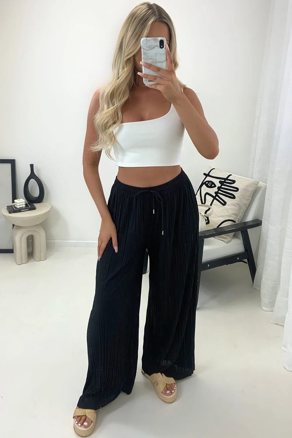 Zoelle Black Pleated Plisse High Waisted Wide Leg Trousers