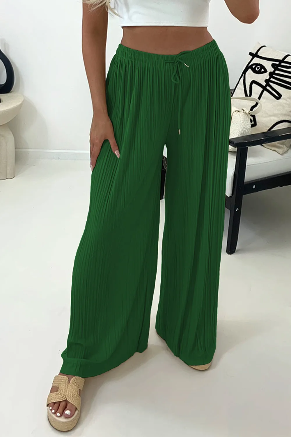Zoelle Green Pleated Plisse High Waisted Wide Leg Trousers