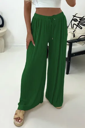 Zoelle Green Pleated Plisse High Waisted Wide Leg Trousers