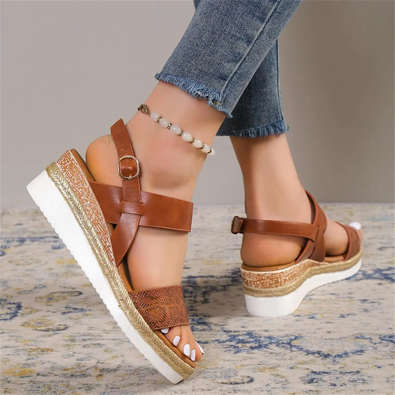 ZWRXW Sandals for Women 2025 Open Toe Ankle Strap Platform Sandal Arch Support Low Wedge Sandals Comfortable Dressy Summer Shoes Orthopedic Walking Shoes