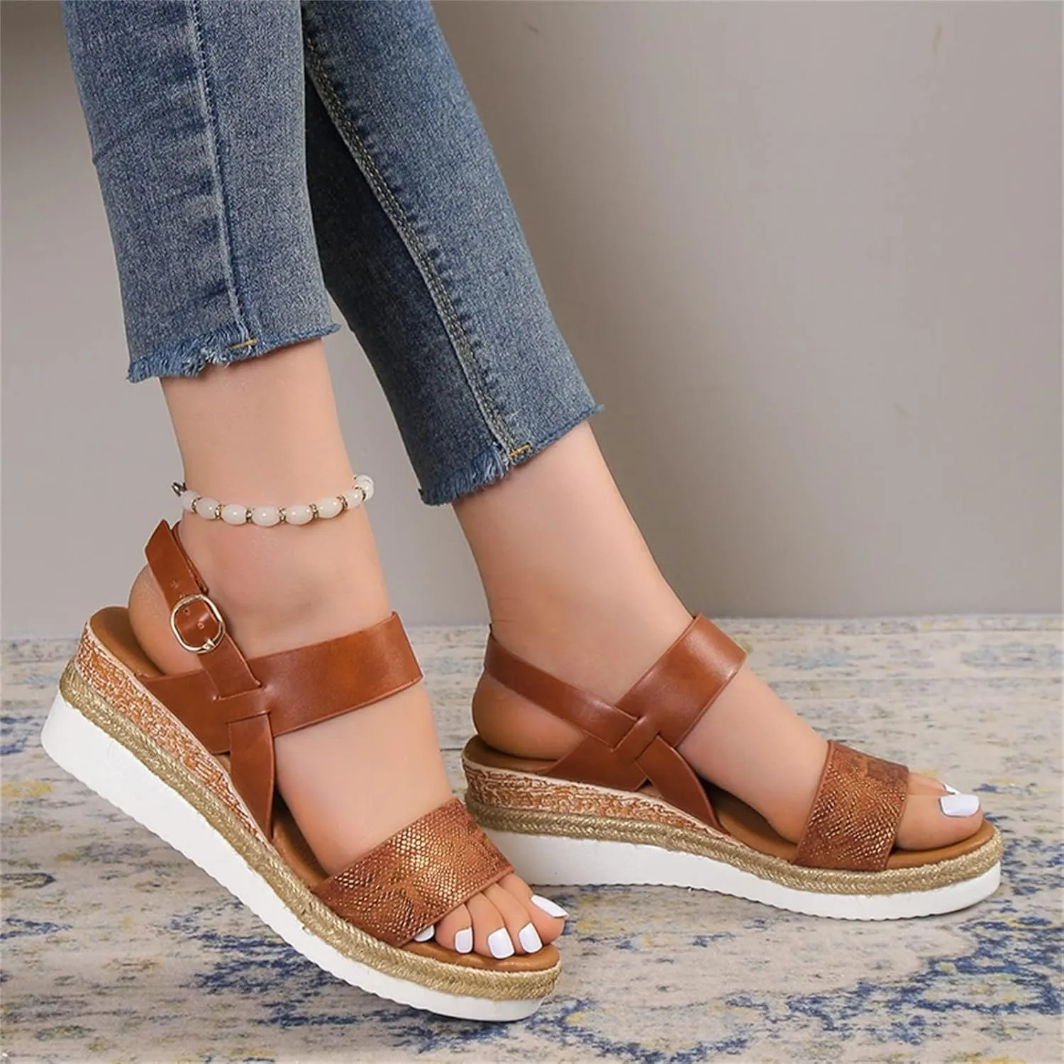 ZWRXW Sandals for Women 2025 Open Toe Ankle Strap Platform Sandal Arch Support Low Wedge Sandals Comfortable Dressy Summer Shoes Orthopedic Walking Shoes