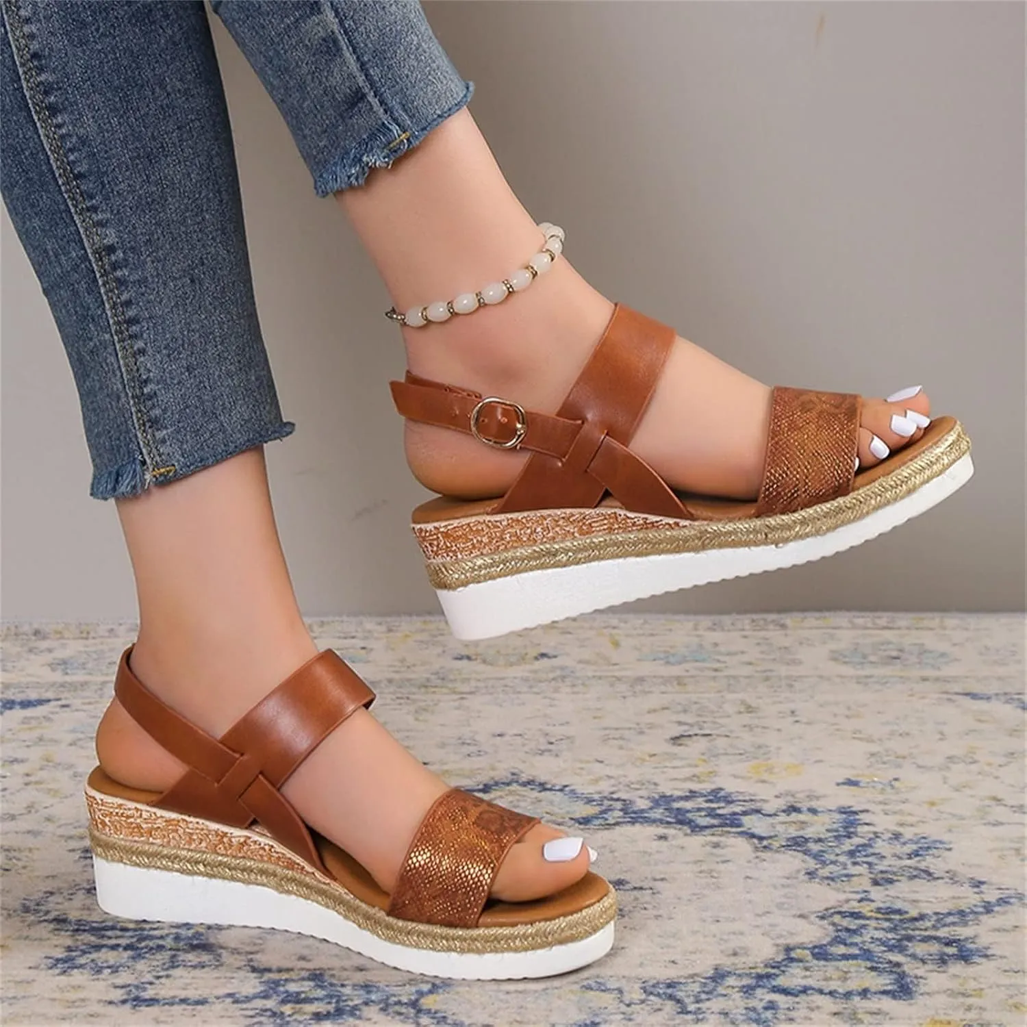 ZWRXW Sandals for Women 2025 Open Toe Ankle Strap Platform Sandal Arch Support Low Wedge Sandals Comfortable Dressy Summer Shoes Orthopedic Walking Shoes