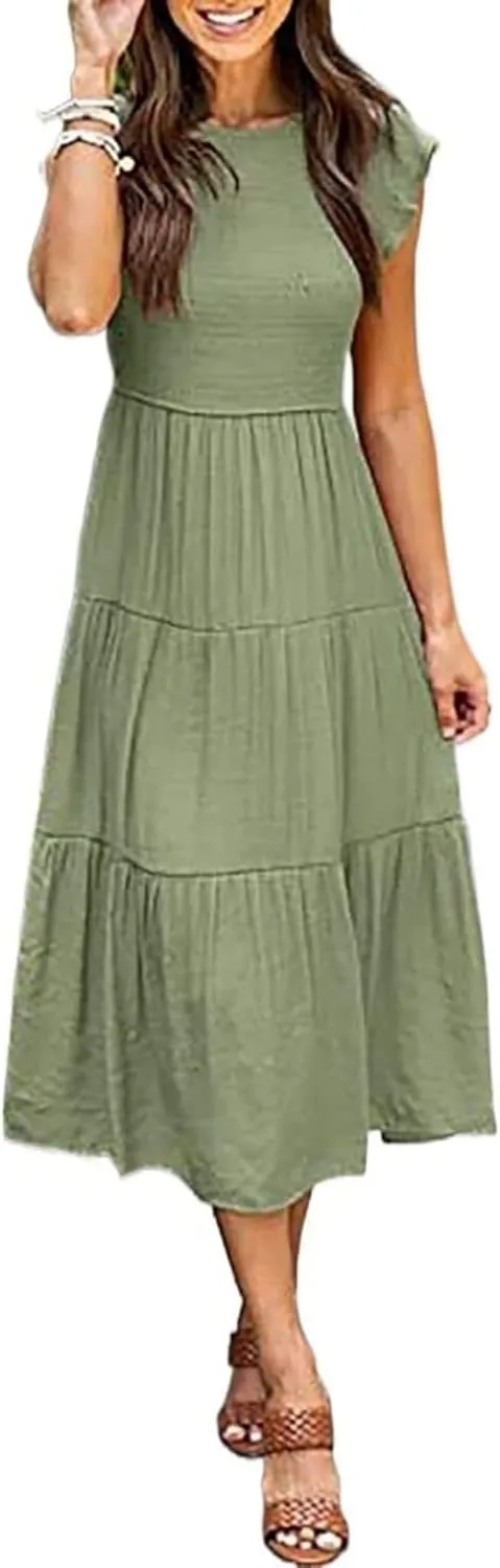 ZWRXW Summer Dresses for Women 2024 Casual Flutter Short Sleeve Crew Neck Smocked Elastic Waist Flowy Tiered Long Maxi Dress
