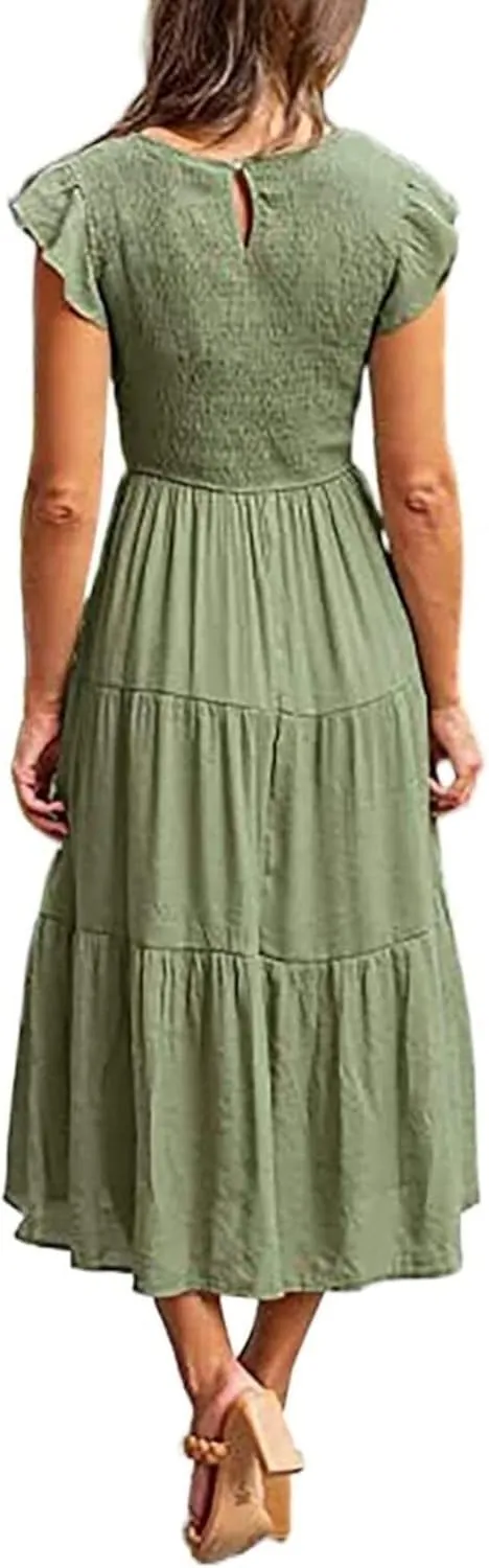 ZWRXW Summer Dresses for Women 2024 Casual Flutter Short Sleeve Crew Neck Smocked Elastic Waist Flowy Tiered Long Maxi Dress