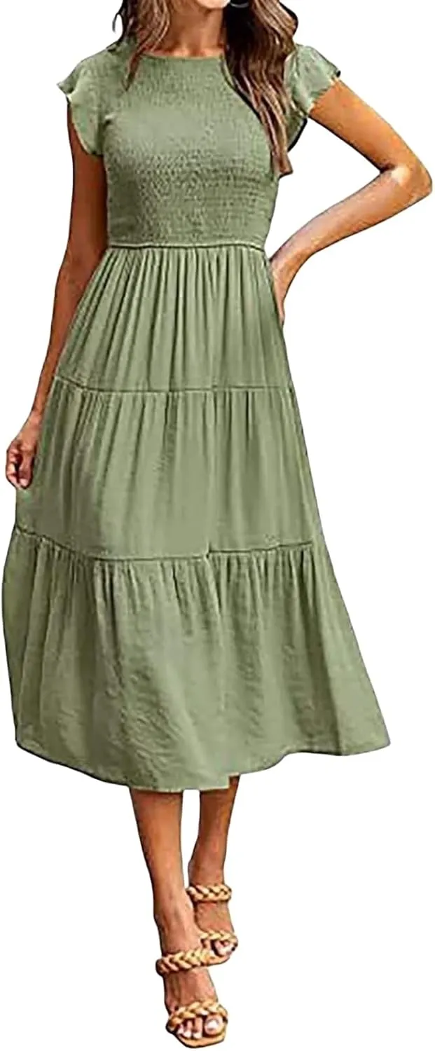 ZWRXW Summer Dresses for Women 2024 Casual Flutter Short Sleeve Crew Neck Smocked Elastic Waist Flowy Tiered Long Maxi Dress